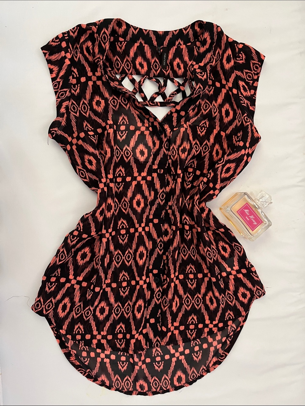 Maurices Black and Coral Lattice-Detail Blouse
